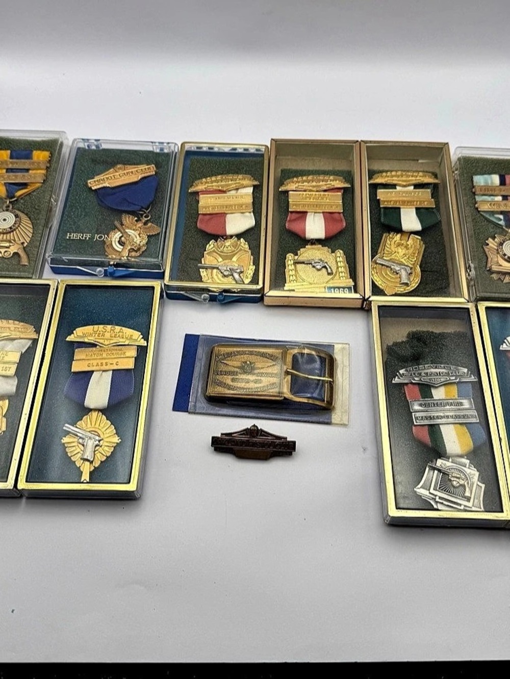 Vintage Shooting Medal Lot 12 Pc Gun Club Awards Bowling Belt Buckle 1960s 1970s